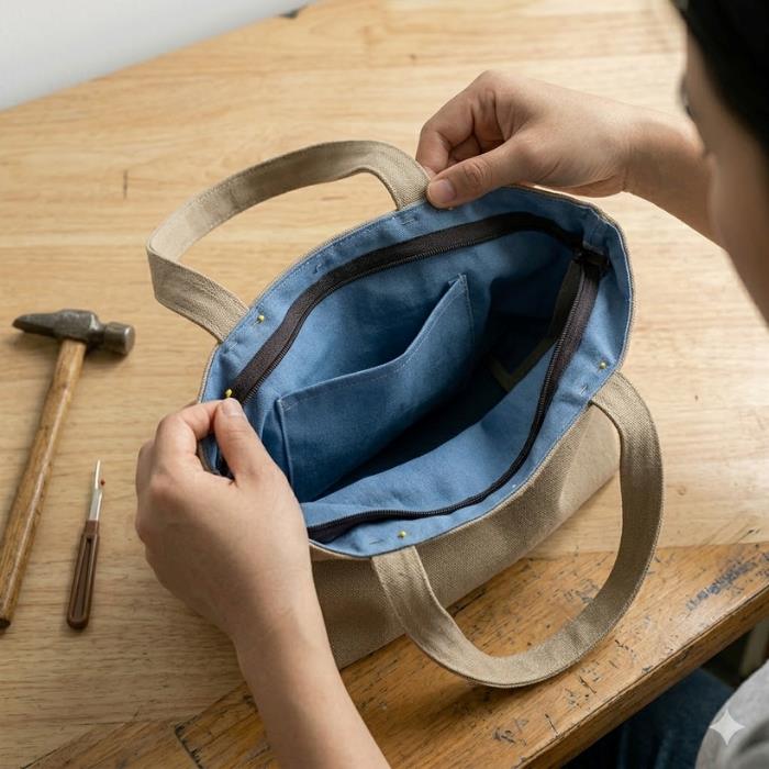 Công đoạn ráp lót và hoàn thiện các chi tiết khóa kéo cho túi 