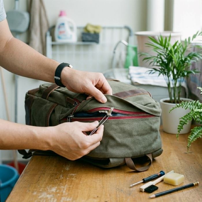 Dùng nhíp gỡ vải thừa khi khóa kéo balo bị kẹt để tránh hỏng răng 