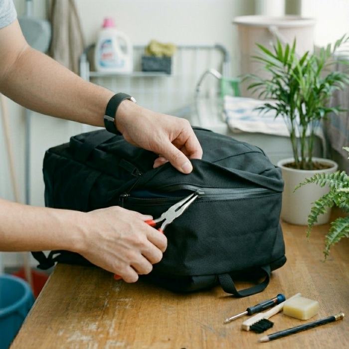 Siết nhẹ con trượt bằng kìm khi sửa dây kéo balo bị trôi 